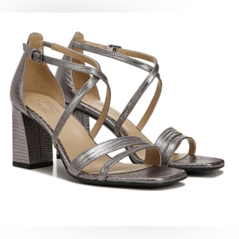 Naturalizer Women Tiff Leather Square Toe Heels Sandals Shoes Pewter 9.5 3” heel